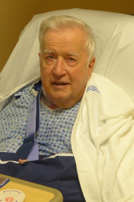 Bob Howard, one day after undergoing TAVR procedures to receive new aortic valve, at Morton Plant Hospital in Clearwater, Fla. (Photo by Phil Galewitz/KHN)