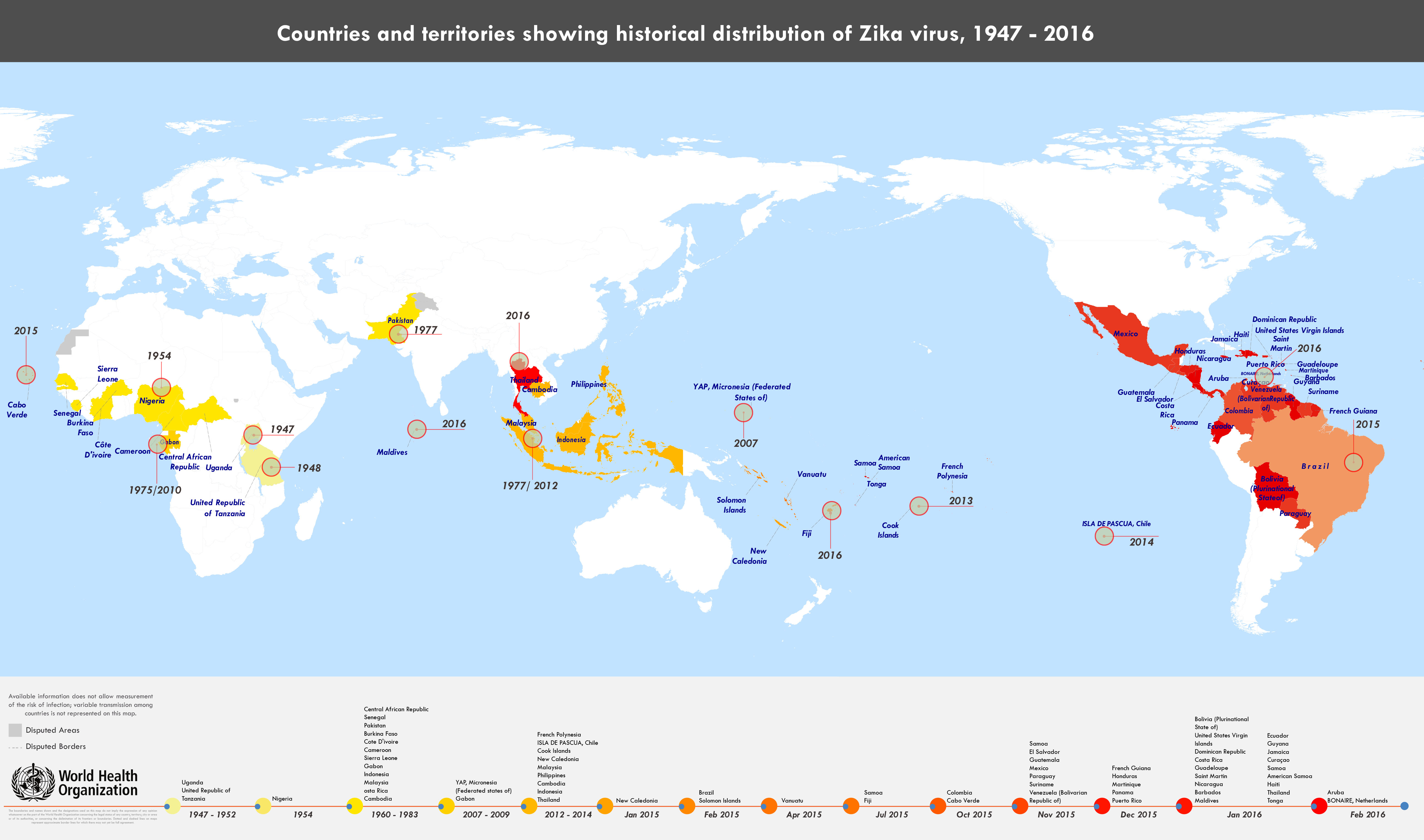 Countries and territories showing historical distribution of Zika virus, 1947 to 2016. (World Health Organization)