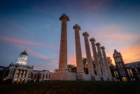 Architectural columns and Jesse Hall on the campus of University of Missouri