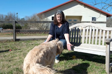 Jennifer Arnold sits on a bench with her arm extended as Great, a fluffy goldendoodle, approaches to tap her hand..