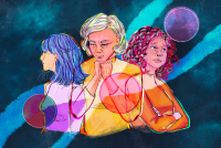 A colorful watercolor style digital illustration with a textured midnight-blue background. Three women are in the center of the image; on the left, a woman with straight hair in shades of periwinkle looks off to the distance in thought. She wears a magenta shirt. The woman in the center has short white hair with highlights of pink, yellow, and grey, and wears a bright yellow shirt. She is looking down with her chin on her hands in a contemplative expression. To her right, a woman with curly black hair with highlights of grey and pink looks off the page. Her arms are crossed in a thoughtful manner. She wears a vivid orange shirt. All of the women are middle to older aged. Three pink circles overlap each of the women, and a large pair of translucent lines in the shape of DNA overlay the image.
