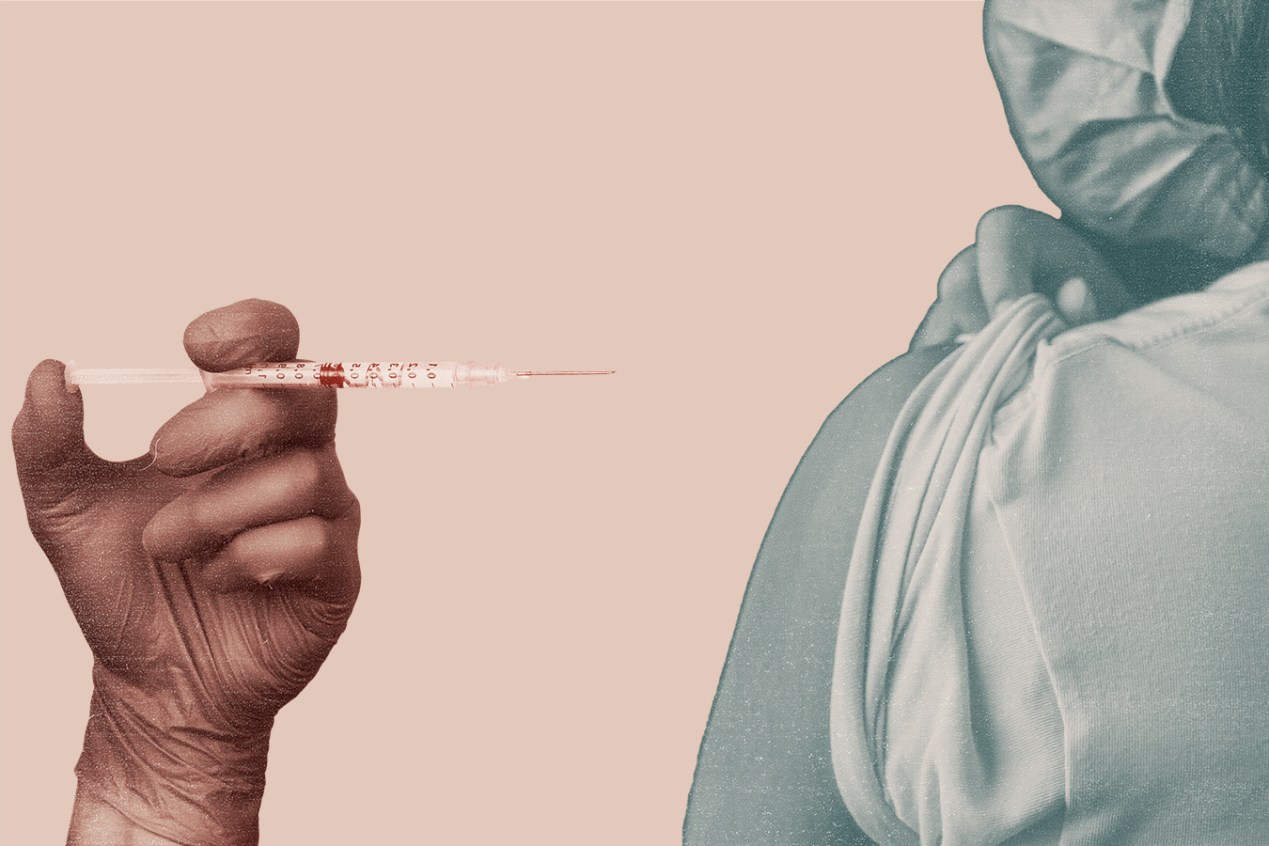 A photo collage shows a gloved hand holding a syringe colored in red and a woman rolling up her sleeve colored in teal superimposed with a gap between them.