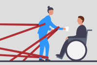 A vector illustration shows red tape holding back the arms and legs of a home health aid trying to hand a mug to a person in a wheelchair.