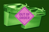 A photo collage illustration shows school drinking fountains tinted a toxic green on a dark green background. A purple out of order sign is superimposed on top of the fountains.