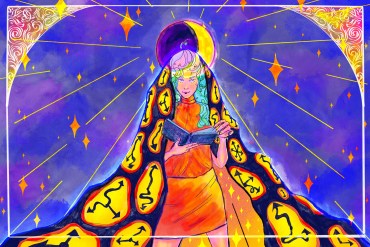 A digital illustration in pencil and watercolor. A woman wearing vivid orange and yellow stands in the center of the frame, cloaked by a deep purple blanket covered in distorted yellow clocks. Behind her head is a crescent moon, which radiates light out from behind her figure. The background is composed of cloudy purple and blues, scattered with bright yellow stars. She holds a book, and is mid-page turn.
