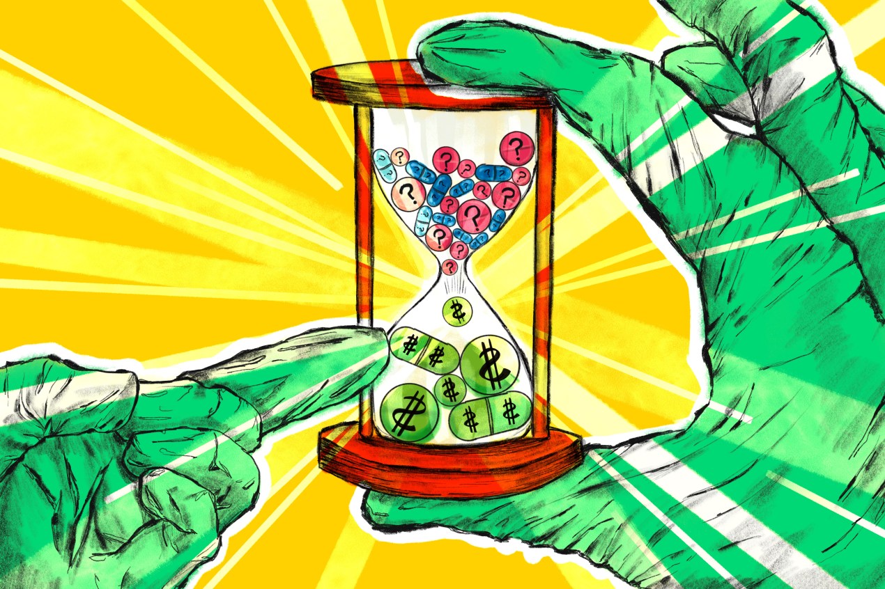 An illustration in pencil. A medical-gloved hand holds an hour glass. Inside the hourglass, pills with question marks fall down to become pills with dollar signs. A finger points to the dollar-sign pills.