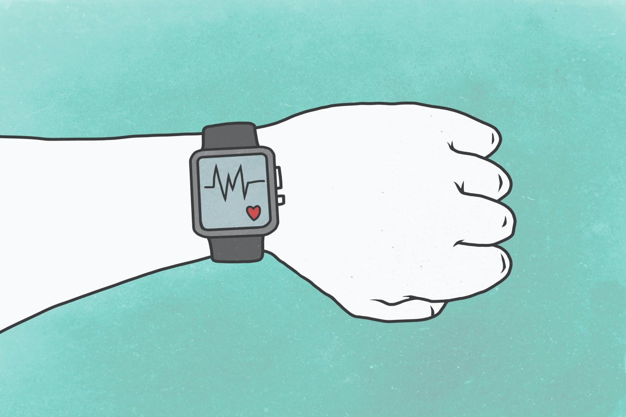 illustration of an arm with a smart watch tracking a heart beat on the wrist