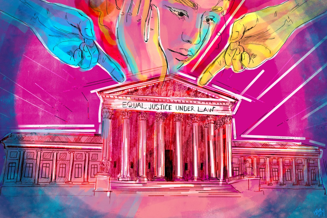 A digital illustration shows two hands, one blue and one yellow, pointing from the left and right down at the Supreme Court. A woman holds a hand to her face above the building's exterior, which is emblazoned with a banner that reads, "Equal justice under law."