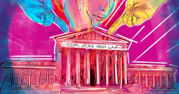 A digital illustration shows two hands, one blue and one yellow, pointing from the left and right down at the Supreme Court. A woman holds a hand to her face above the building's exterior, which is emblazoned with a banner that reads, "Equal justice under law."