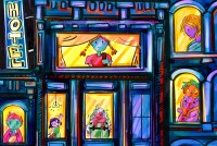 A digital illustration in bright ink and watercolor drawn in a cartoon style. Colorful children are visible through the windows of different hotel rooms, appearing tired or concerned and holding backpacks and stuffed animals. The exterior of the buildings are painted in dark, cool tones which contrasts with the vivid interiors.