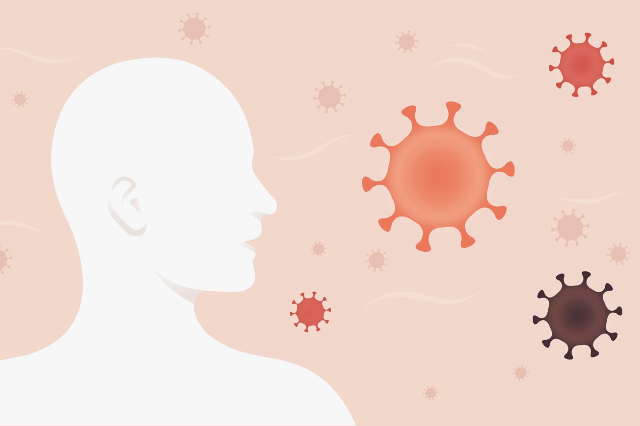 An illustration shows a figure facing to the side with coronavirus particles flying through the air in shades of pink and orange.