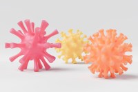 A 3D rendering shows three models of the coronavirus tinted pink, yellow and orange on a white background.