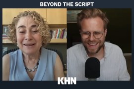 A screenshot shows Elisabeth Rosenthan and Adam Conover side-by-side on a video call. Text above them reads, "Beyond the script," and the KHN logo is seen underneath them.