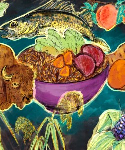 A digital illustration in pencil and watercolor. A bowl of rice, meat, and vegetables is surrounded by drawings of Indigenous food sources, such as a walleye fish, bison, crabapples, southwest peaches, blue corn, sweet potatoes, and wild rice.