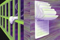 Digital illustration of a person waiting in a jail cell while the pages of a calendar flip.