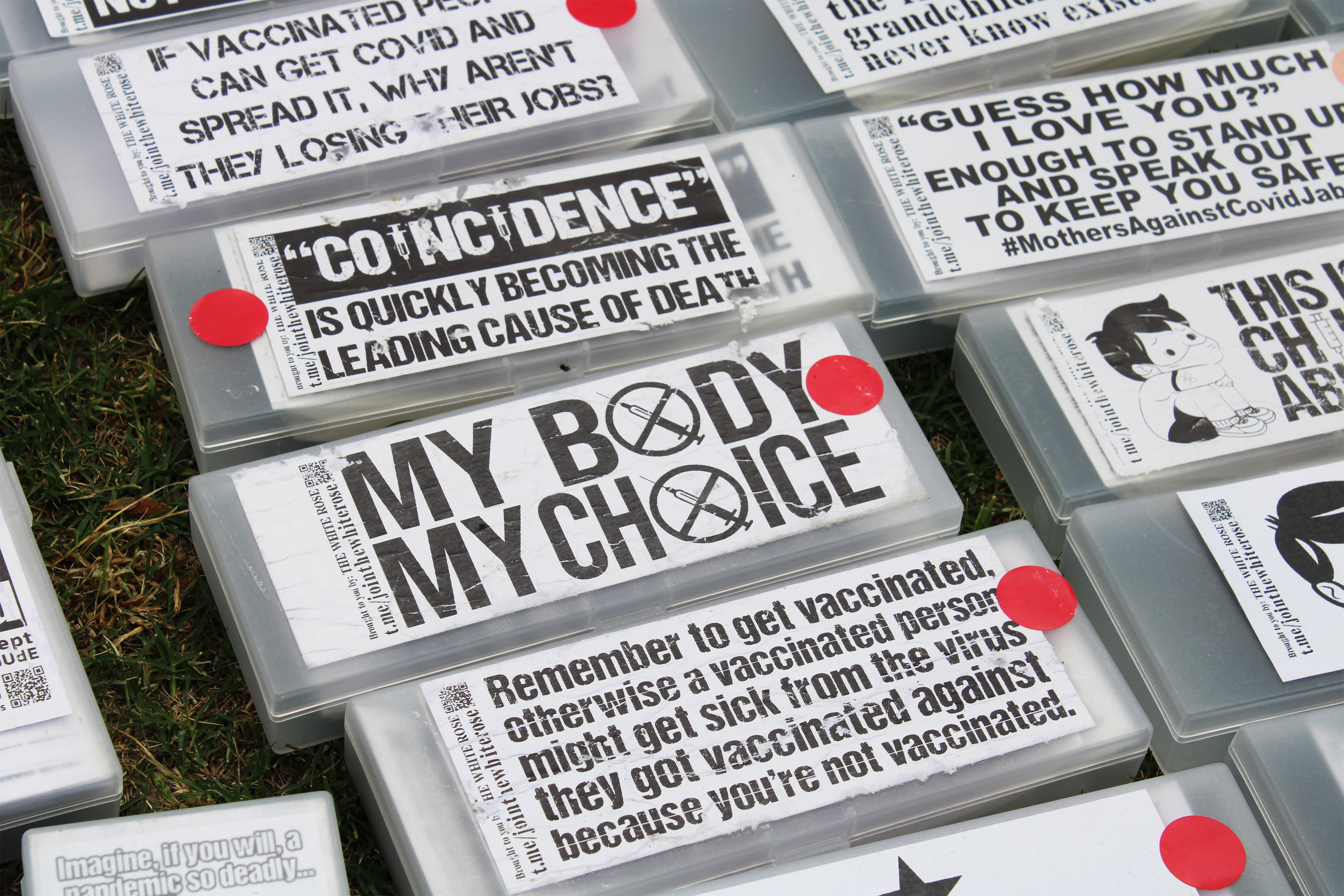 A closeup photos show boxes of stickers at an anti-vaccine protest. One of the boxes shows stickers that read, "My body, my choice."
