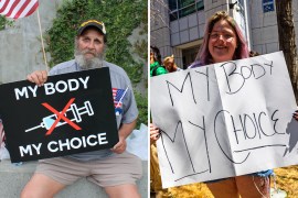 Two photos are shown side-by-side. The left photo is of a man holding a sign with a red X over a syringe. The right photo is of a woman holding a sign. Both signs read, "My body, my choice."