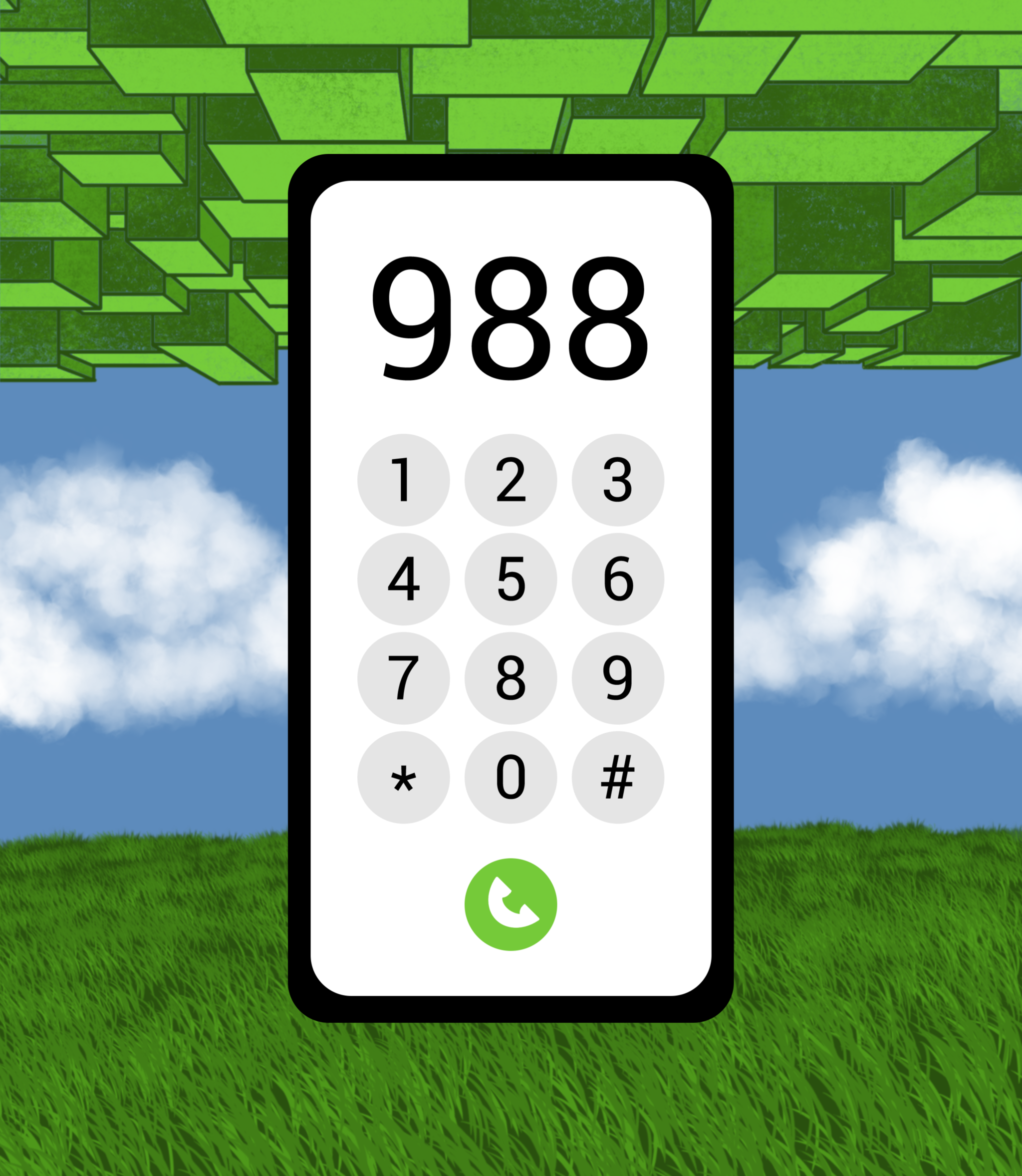 A digital illustration of a phone with 988 dialed in front of a cityscape in the top background and a rural view in the lower background.