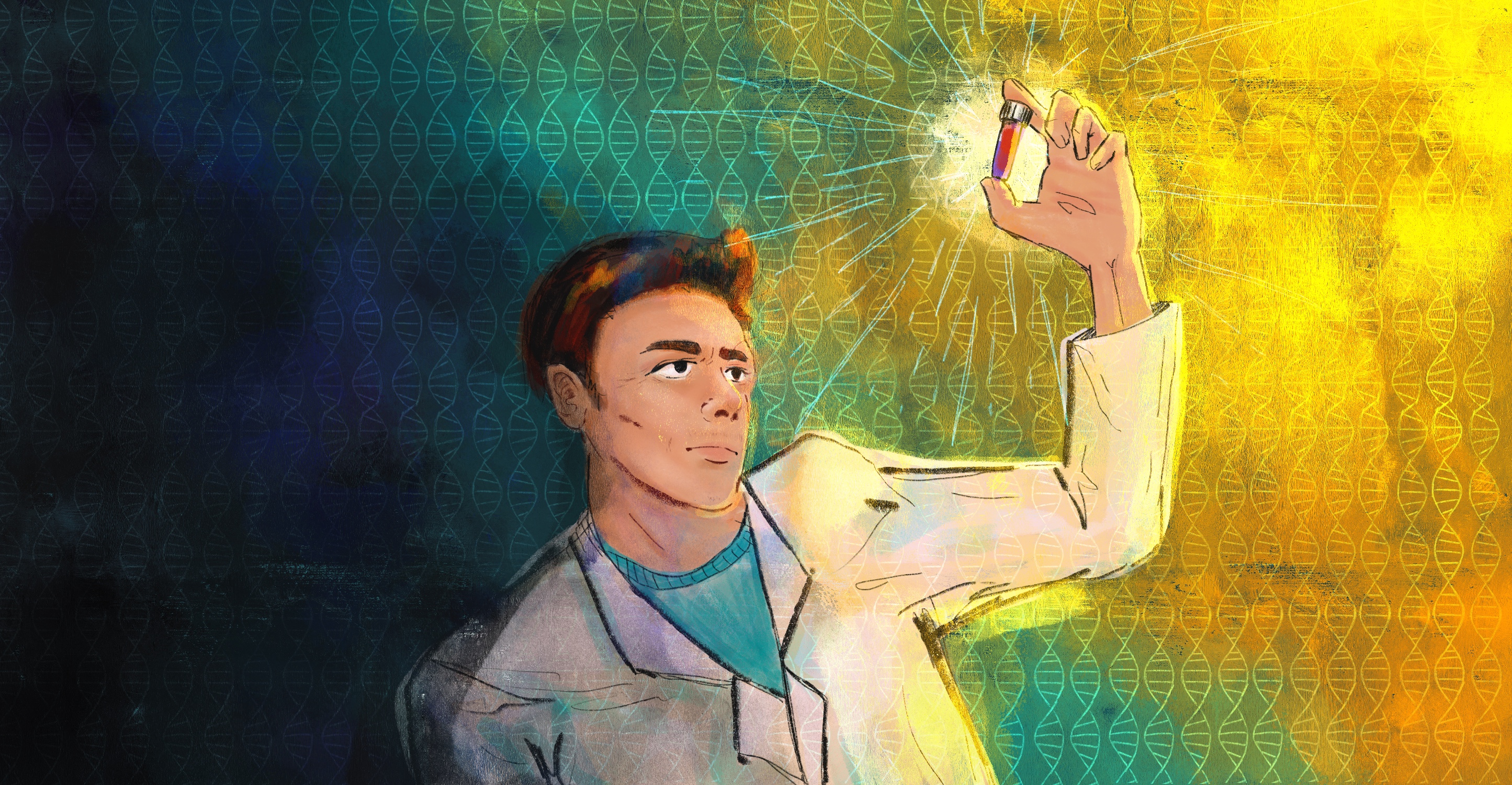 A digital illustration in watercolor and pencil. A Native American researcher, wearing a white lab coat, holds up a vial to light in order to examine it. Bright golds surround the vial, which gradually fades to shadow at the outer edges of the frame.