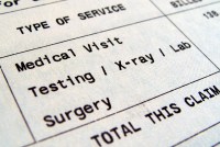 A photo shows a medical bill for a medical visit, testing, x-ray, lab and surgery.
