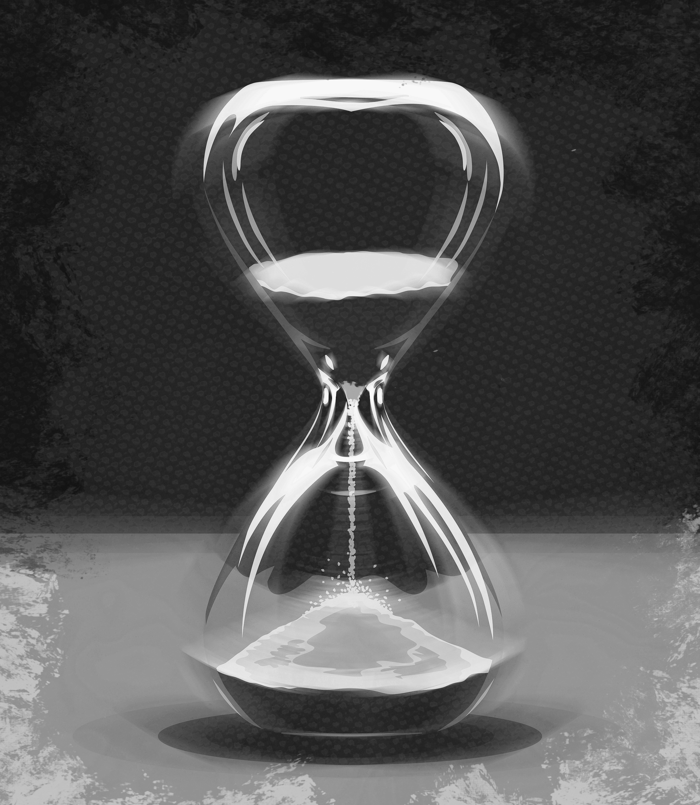 A digital illustration shows a motion-blurred hourglass in stark black and white surrounded by a hand painted border of black and white brush strokes.
