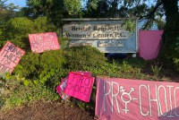 A photo shows the sign outside Bristol Regional Women's Center. It is surrounded by smaller pink signs with slogans like, "Pro-choice," and "honk twice for choice."