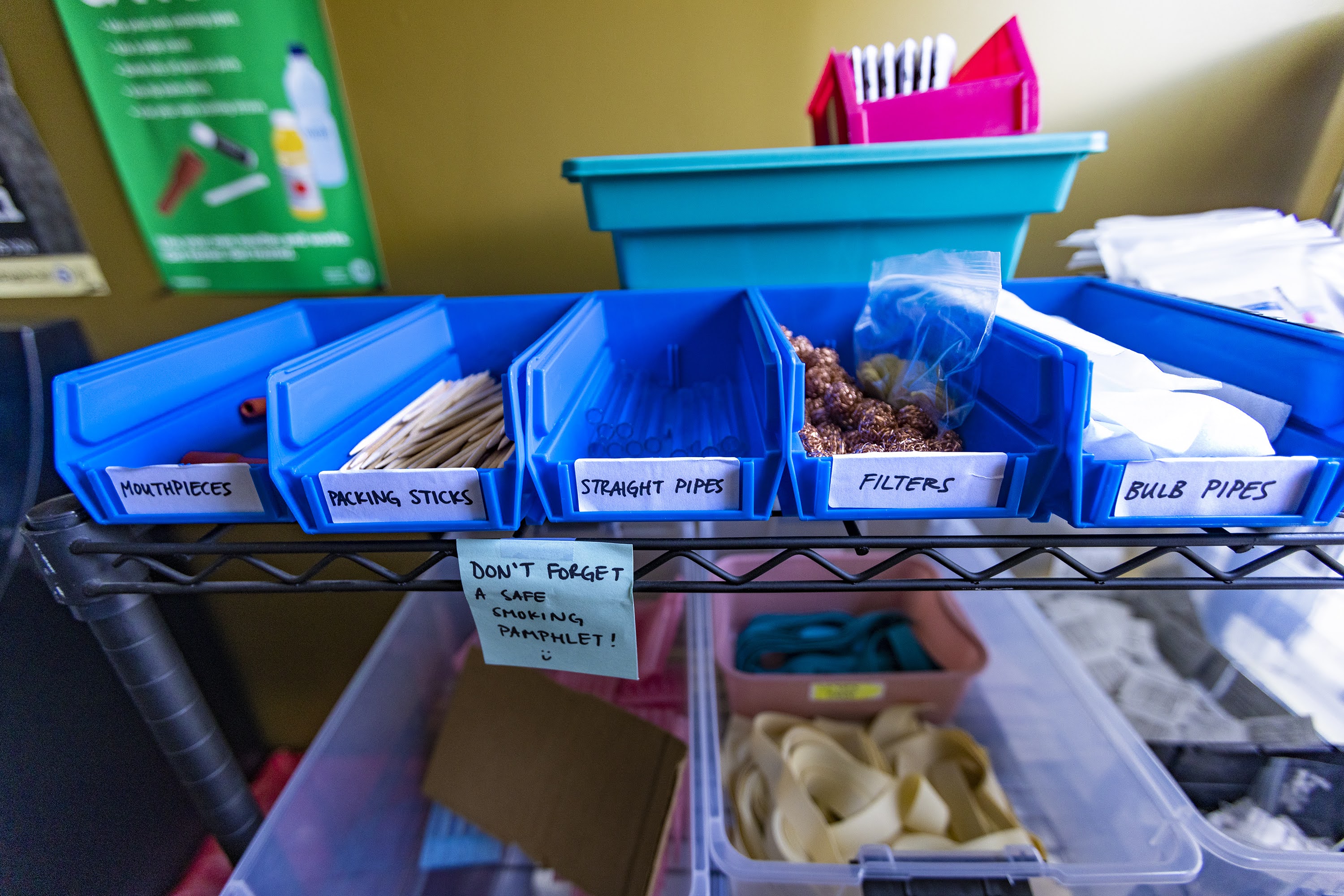 A photo shows trays of clean supplies for drug use.