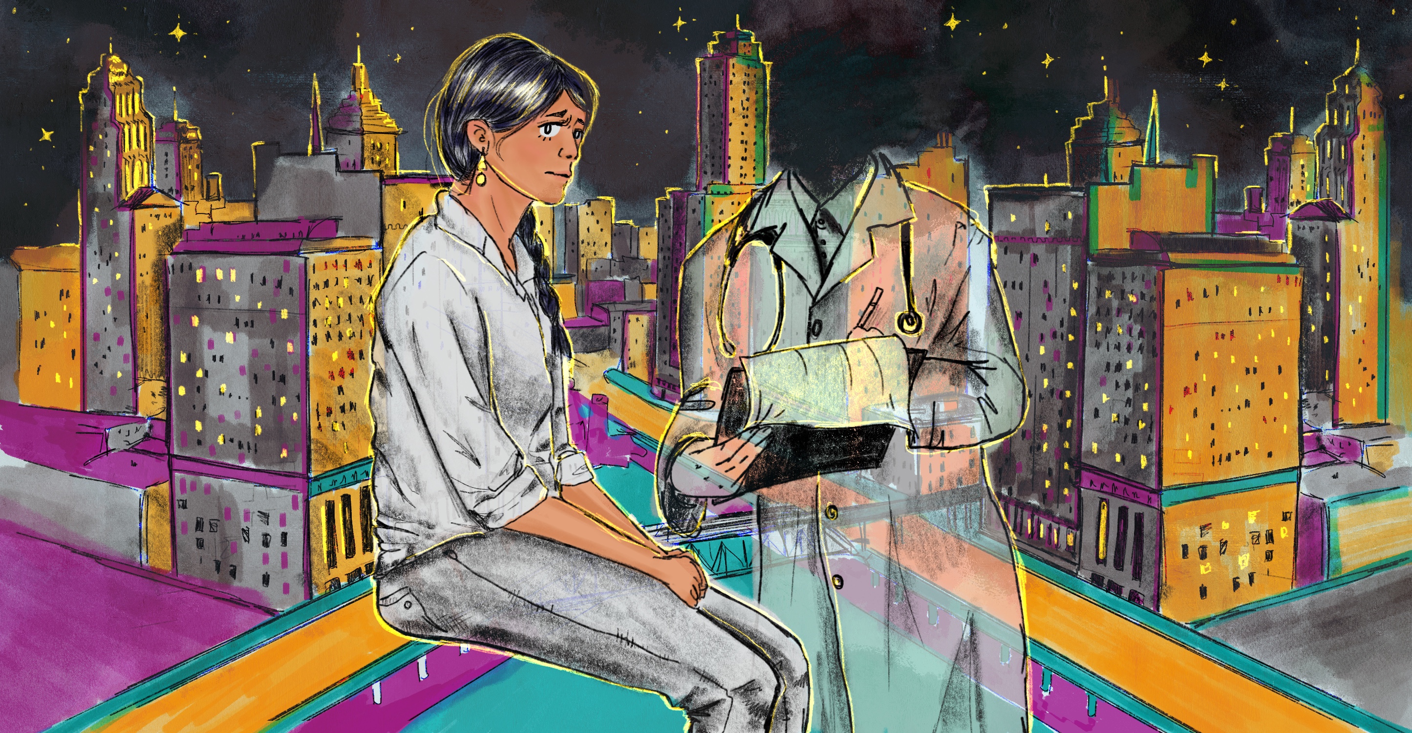 A digital illustration in watercolor and pencil. A woman with long, braided black hair sits in the center of the image. She looks towards the viewer out of the corner of her eye with a slightly concerned expression. Beside her is a doctor, whose body is transparent and face has completely faded into the background. Behind them is an urban landscape with buildings colored in magenta, yellow, and grey. It is night.