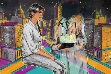 A digital illustration in watercolor and pencil. A woman with long, braided black hair sits in the center of the image. She looks towards the viewer out of the corner of her eye with a slightly concerned expression. Beside her is a doctor, whose body is transparent and face has completely faded into the background. Behind them is an urban landscape with buildings colored in magenta, yellow, and grey. It is night.