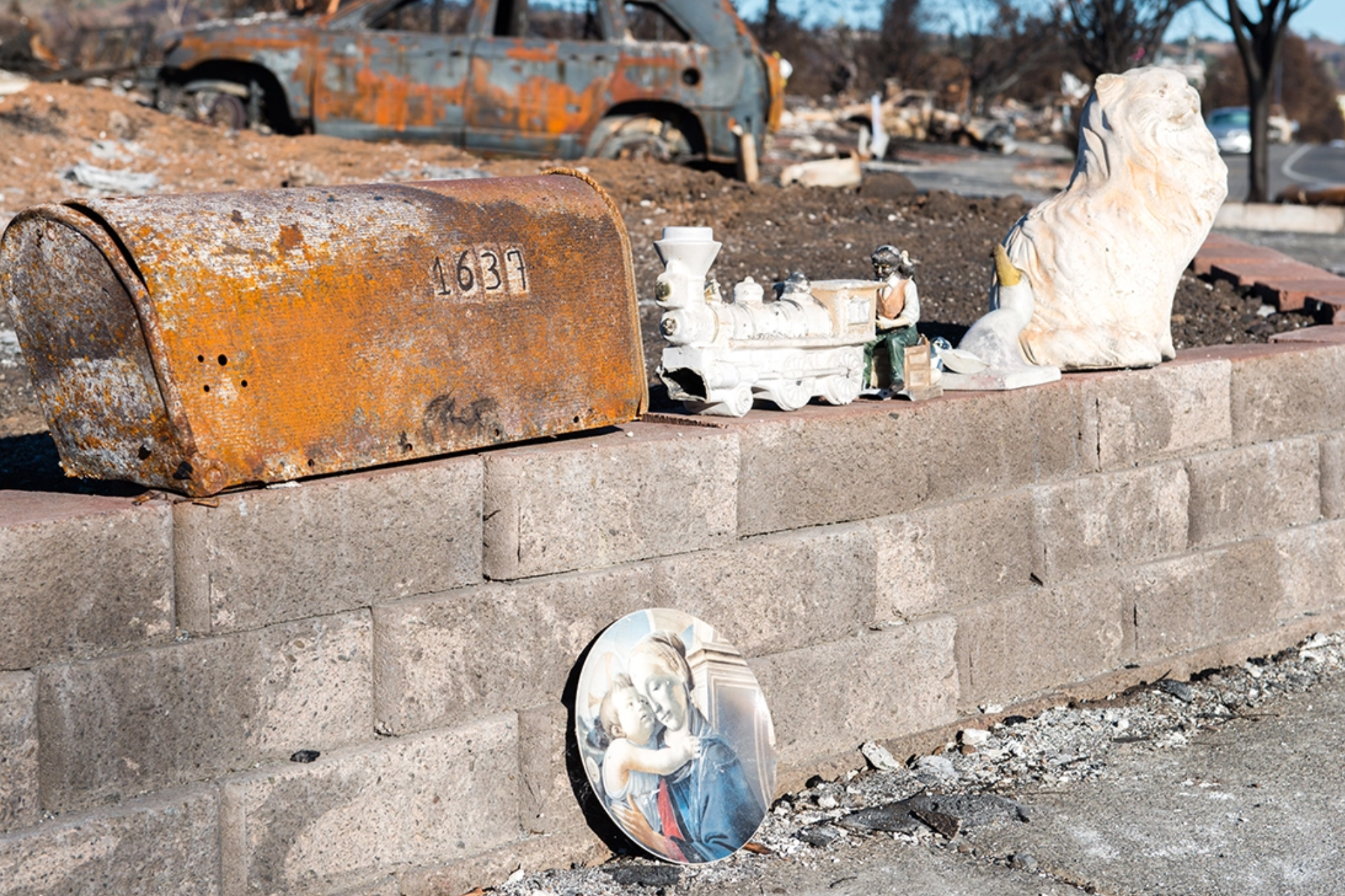 A photo shows a rusted mailbox, a rusted car and decorative sculptures as remnants of a wildfire.