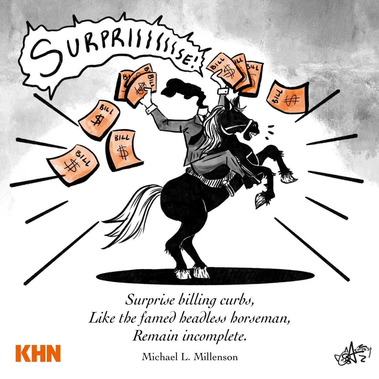 A pen and ink cartoon depicting the mythical headless horseman wearing a business suit and scattering surprise medical bills.