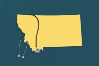 An illustration shows the shape of Montana against a dotted backdrop with a stethoscope hanging on top of it.
