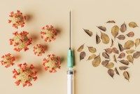 A syringe is in the center of the image, on a beige background. To the left are coronavirus cells and to the right are autumn leaves.