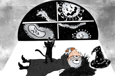 A pen and ink cartoon depicting a witch lying on the floor, staring in horror at her cell phone. A black cat stands on her stomach and is pawing at the window above them. Outside, you can see ghostly depictions of the following viruses: covid-19, ebola, monkeypox, and influenza.