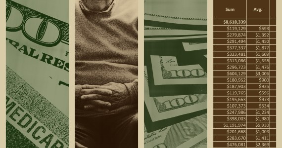 A photo illustration shows four images separated by bars. The first image is of money and a Medicare card, the second is an older man sitting in a chair, the third is a closeup of money, the fourth is of a spreadsheet of overpayments totalling over $8 million.