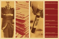 A photo illustration shows images of a business executive in a suit, a stack of money, a vial of blood from a lab test and a column from a spreadsheet with text showing various medical industries.