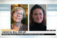 A still from a CBS News TV segment shows two photos, an older woman and a younger woman, side by side. Text underneath reads, "Medical bill mix-up. Woman struggles to fix bill for surgery she didn't get."