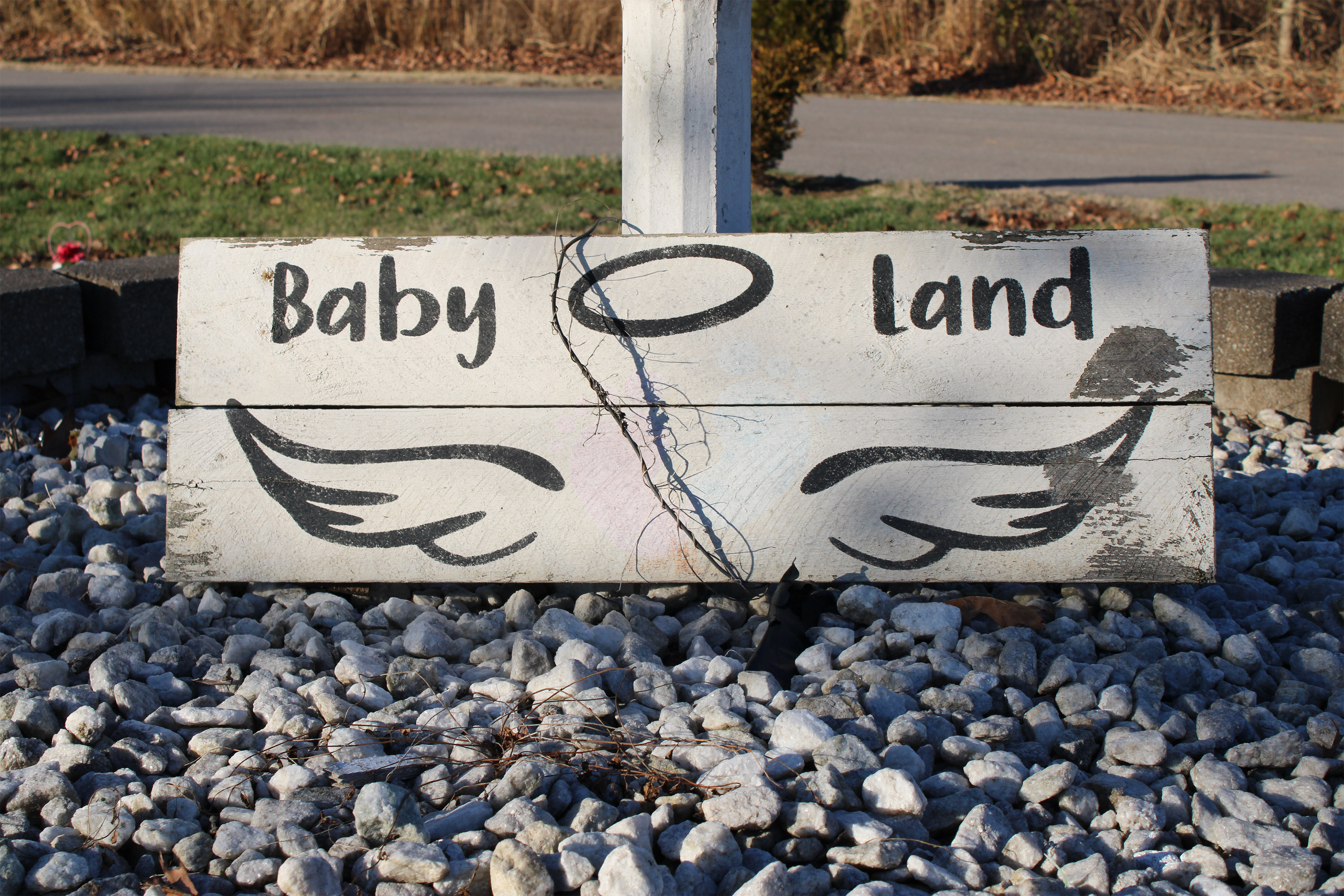 A photo shows a sign in a cemetary labeled, "Baby land." It is painted with angel wings and a halo.