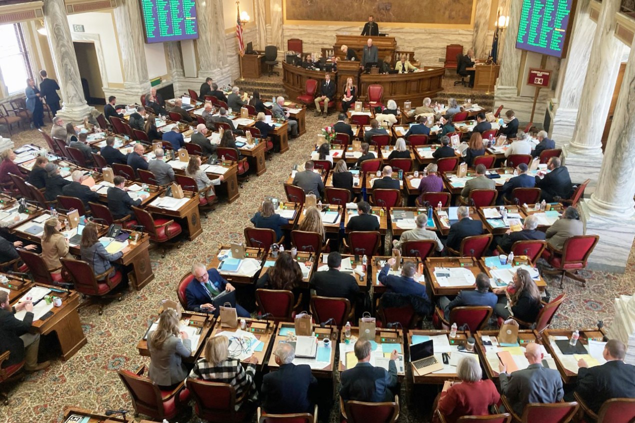 A photo shows the Montana House of Representatives floor as assembly-members sit during a hearing.