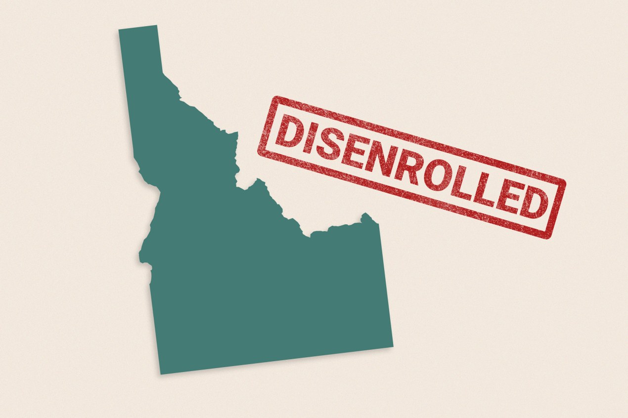 An illustration shows the shape of Idaho next to a red rubber ink stamp that reads, "disenrolled."